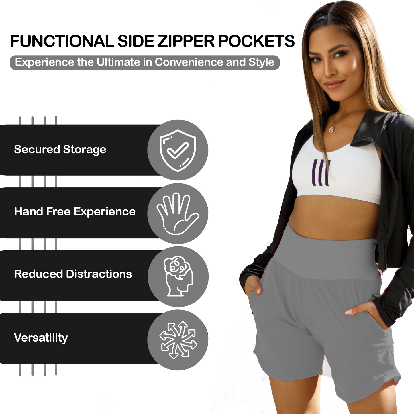 Womens High Waisted Athletic Shorts Long Inseam Quick Dry Running Shorts for Women with Zipper Pockets and Mesh Liner